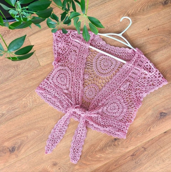 None Tops - Crochet Pink Tie Front Cropped Top.